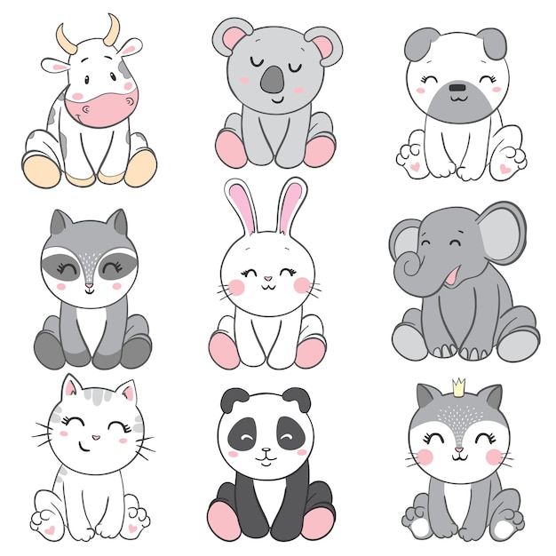 Векторная иллюстрация набора милых животных, включая кошку, собаку, коалу, кролика, енота.