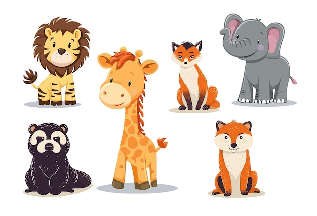 Vector illustration set of cute lion giraffe and animals in nature