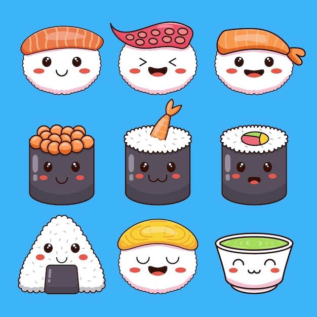 Illustrazione vettoriale di una serie di simpatici personaggi di cibo sushi dal giappone