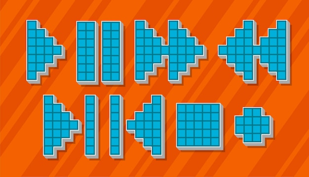 A vector illustration Set of different blue pixel icons and symbols for player