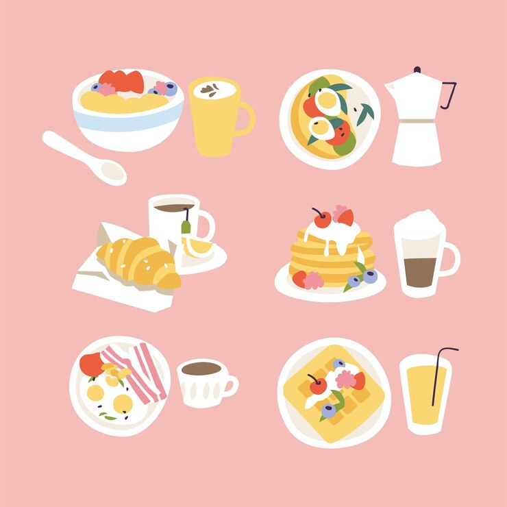 다른 아침 식사의 벡터 일러스트 레이 션 세트입니다. 다양한 맛있는 베이커리 제품과 따뜻한 음료. 음식 아이콘과 로고.