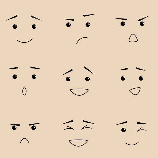 Vector vector illustration of a set of different emotions. happiness, fear, fear, anger, love, happiness thoughtfulness