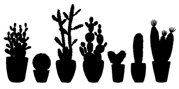 Vector illustration set different kinds of houseplants Black cactuses silhouette in pots isolated on white background Sticker hand drawn set