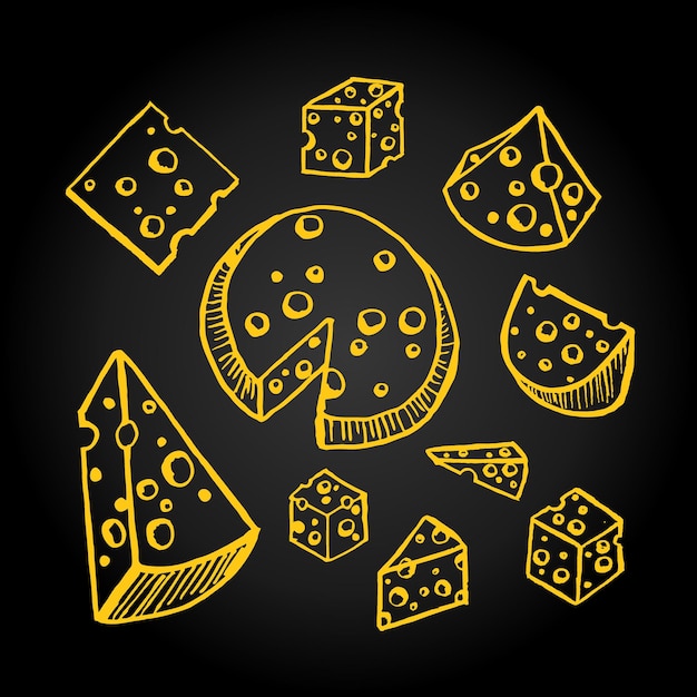 Vector illustration of a set of different pieces of cheese drawn by hand on a black background