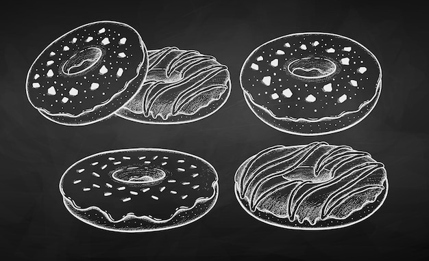 Vector illustration set of Donuts Chalk drawing on chalkboard background