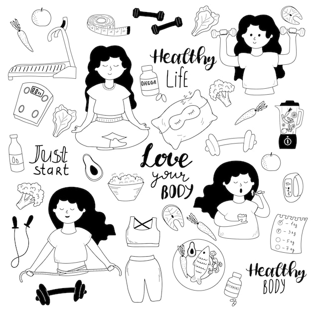 Vettore insieme di illustrazioni vettoriali di elementi di stile di vita sano doodle il concetto di dieta fitness dieta sana perdita di peso