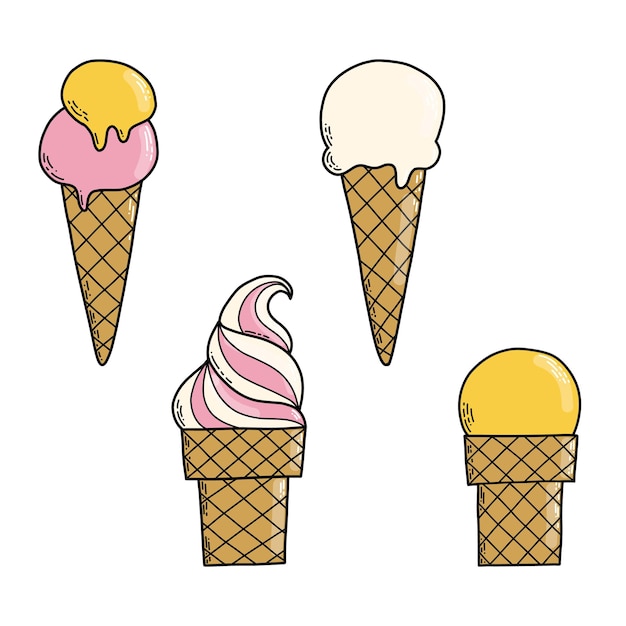 Illustrazione vettoriale impostare i gelati doodle isolati su sfondo bianco cono di cialda