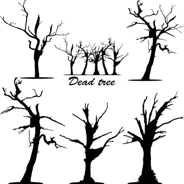 Set di illustrazioni vettoriali silhouette di albero asciutto nudo senza foglie viventi