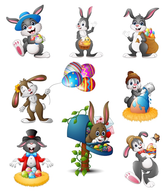 Vector illustration of Set of Easter Bunnies cartoon