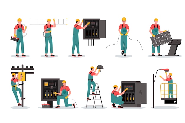 Insieme dell'illustrazione di vettore dei lavoratori elettrici