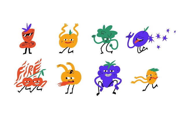 Vector illustration set of fruits characters n retro style Groovy colorful stickers for print