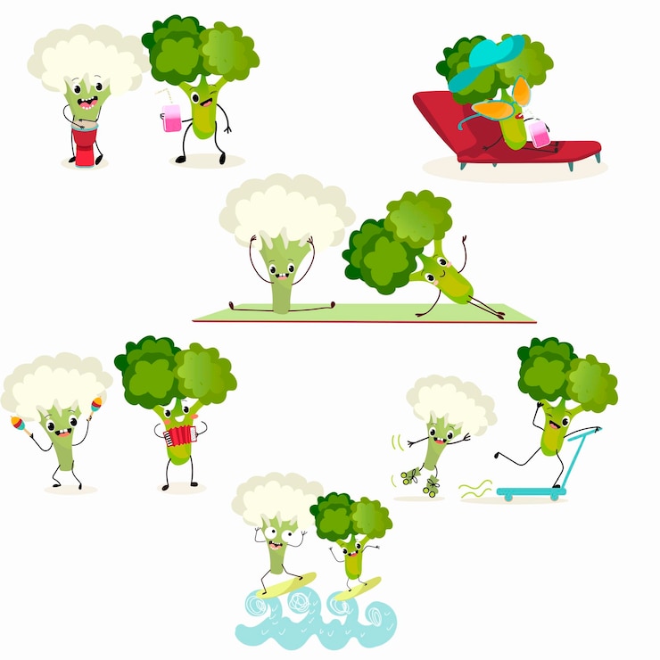 Vector vector illustration set of funny cartoon character broccoli and cauliflower ride transport play musical instruments go in for sports healthy food cuisine ingredients kids tshirt design