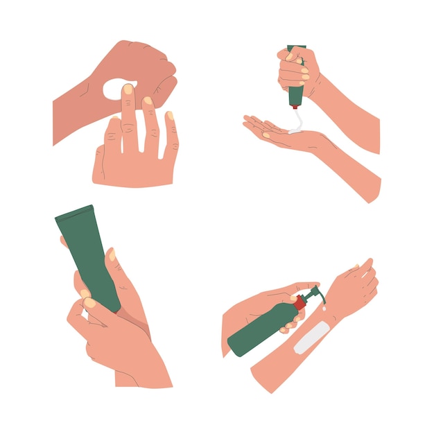 Vector vector illustration of a set of hands with skincare