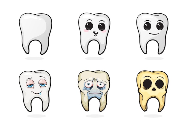 Набор векторных иллюстраций человеческие зубы счастливый зуб печальный больной зуб и череп зуба