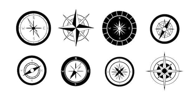 Vector illustration set icons compass on white background Monochrome cartography and topography symbol wind rose flet style