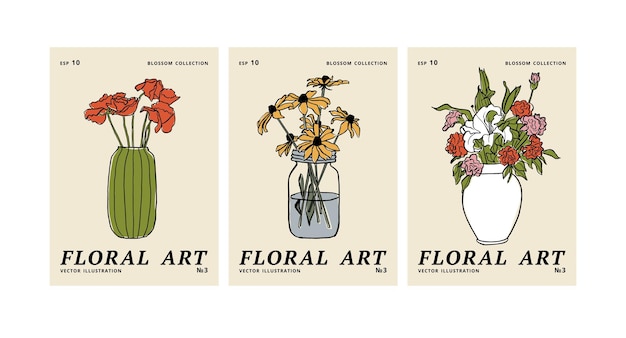 Vector illustration set of ink floral posters with different flowers and vase art for for prints wall art banner background