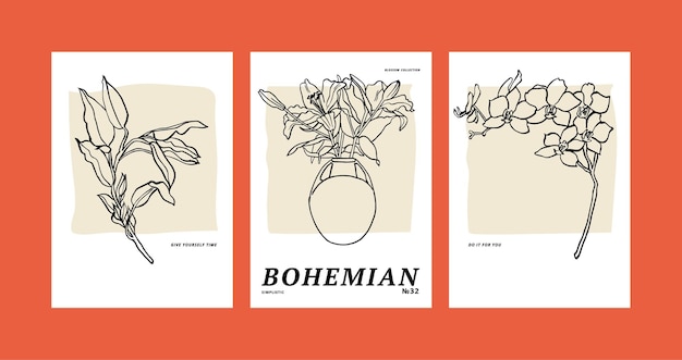 Set di illustrazioni vettoriali di inchiostro poster floreali con diversi fiori e vasi arte per stampe arte da parete banner e sfondo