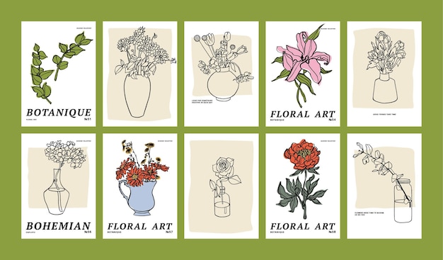 Vector vector illustration set of ink floral posters with different flowers and vases art for prints wall art banner and background