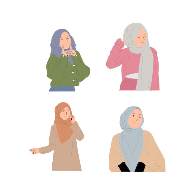 Vector illustration of a set of muslim women wearing hijab