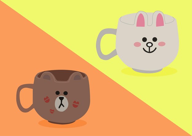 Vector vector illustration set of porcelain kawaii face cup