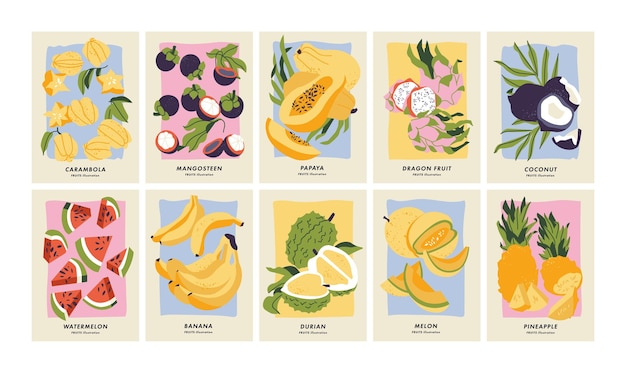 Vector vector illustration set of posters with different fruits art for postcards wall art banner background