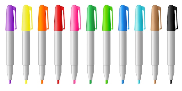 Vector vector illustration of a set of realistic colored markers on a white background stationery and school supplies