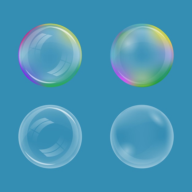 Векторная иллюстрация набора реалистичных мыльных пузырей на синем фоне. Шаблон для оформления упаковок охватывает веб-дизайн