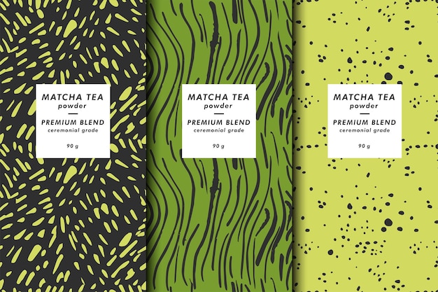 Vector vector illustration set of templates contemporary abstract cover and patterns for matcha tea packaging with labels minimal modern backgrounds