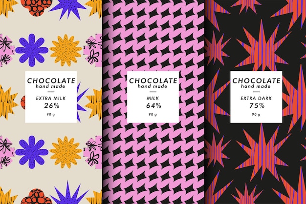 Vector illustration set of templates contemporary geometric cover and patterns for chocolate and cocoa packaging with labels minimal modern backgrounds