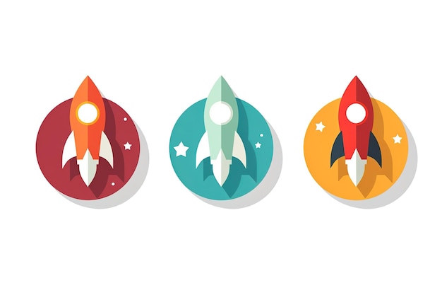 Vector illustration Set of ten flat icons with different rocket ships Project start up and develop