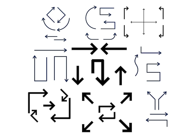 Vector illustration set of thin line direction arrows and different direction line long arrows