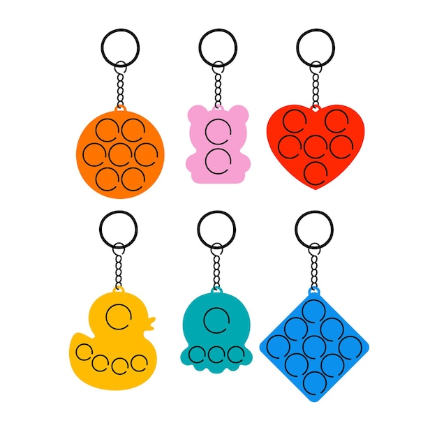 Vector vector illustration set of trendy sensory pop it fidgets. rainbow antistress toys with trinket.