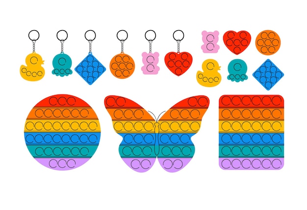 Illustrazione vettoriale di pop sensoriale alla moda che si agita. giocattoli antistress arcobaleno con gingillo.