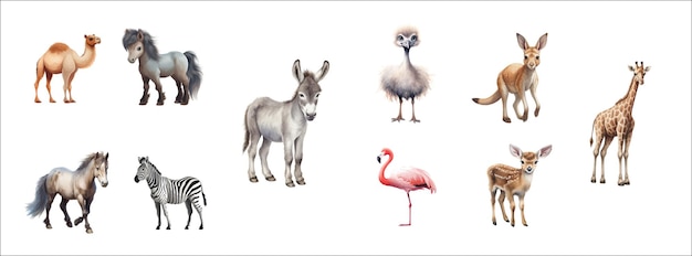 Vector Illustration Set of Various Wild Animals Camel Horse Donkey Ostrich Kangaroo Giraffe Pony Zebra Flamingo