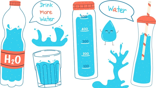 Set di illustrazioni vettoriali di acqua bere più acqua bottiglie e un bicchiere d'acqua h2o semplice