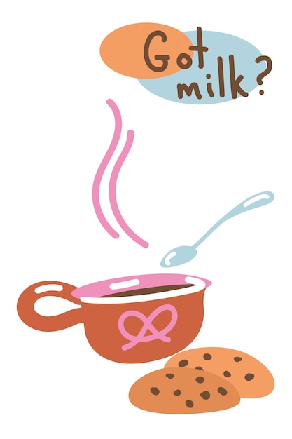 Векторная иллюстрация. Набор с кофе, печеньем с шоколадной крошкой и надписью. Молоко, вкусная еда