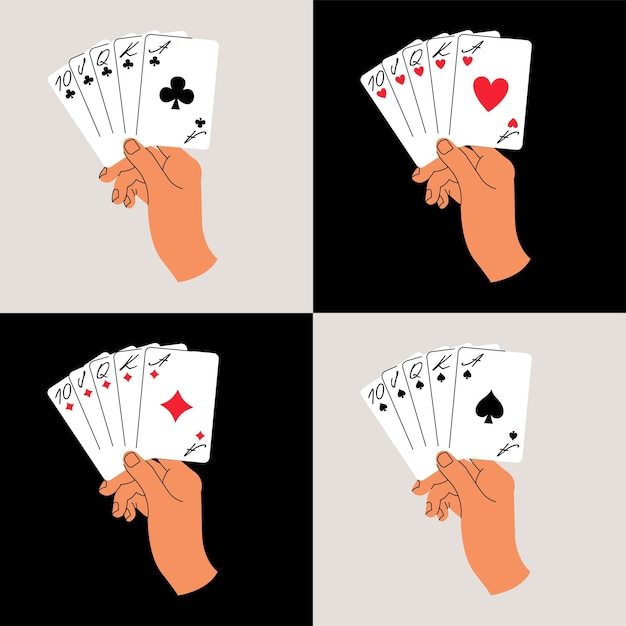 Vector illustration set with hands holding playing cards with different suits Doodle concept for casino