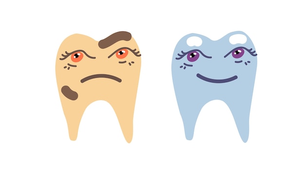 Vector vector illustration a set with a healthy cheerful tooth and a sick sad one with caries