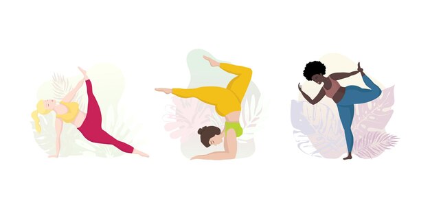 Vettore illustrazione vettoriale con yoga e sport stile di vita sano e concetto positivo del corpo. giovani donne felici di grandi dimensioni in posizione yoga. per le lezioni di yoga sui banner della pagina dell'app mobile o del sito web