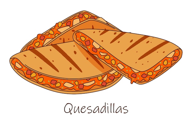 Vector vector illustration of several pieces of quesadilla with cheese and vegetables