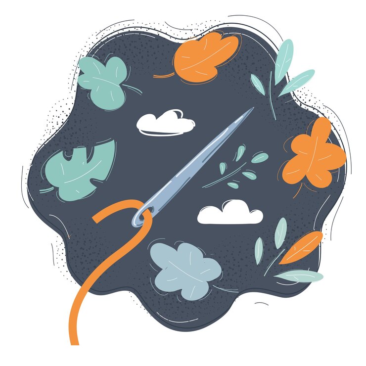 Vector vector illustration of sewing needle with thread on dark backround embroidery concept