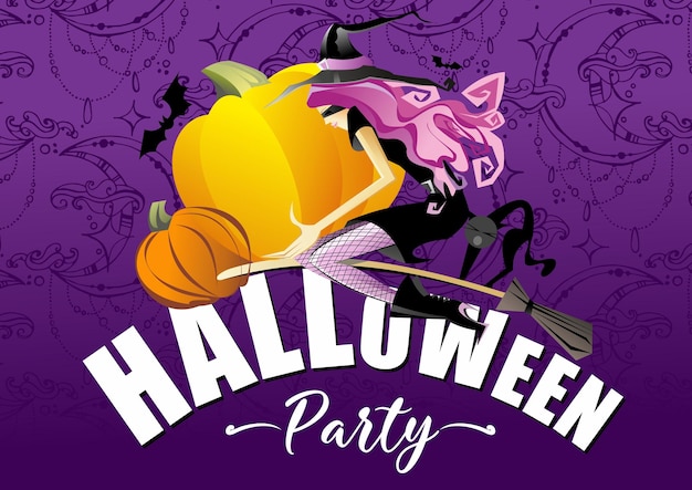 Векторная иллюстрация сексуальной ведьмы для вечеринки в честь Хэллоуина Девушка с кошкой и тыквой