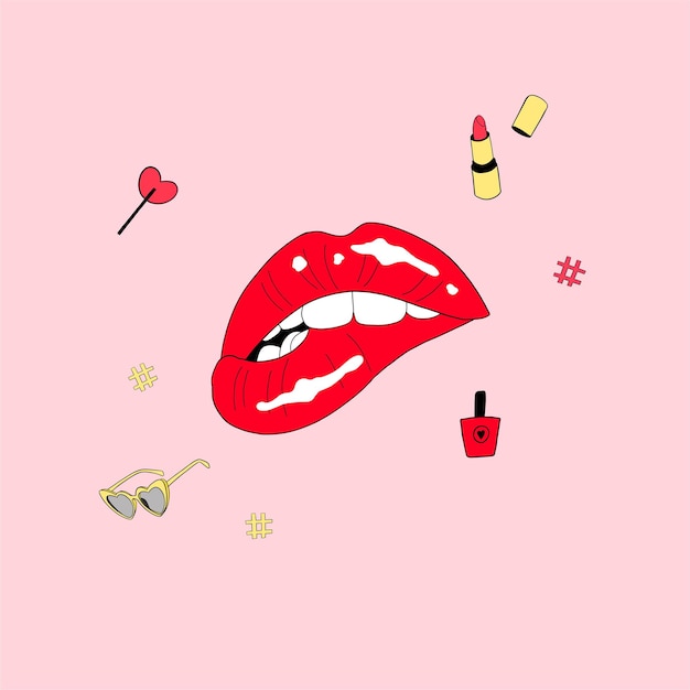 Vector illustration of sexy woman's lips, lipstick, sunglasses and lollipop. Biting lip