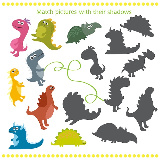 Vector illustration of shadow matching game with cartoon dinosaur for children