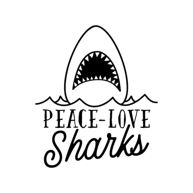 Vector illustration of shark with opened mouth swimming in wavy sea and text against white backgroun