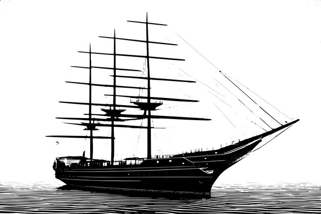 Vector vector illustration of a ship outlined in black with a textured appearance on a white background