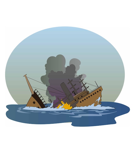 vector illustration of ship sinking in the ocean.