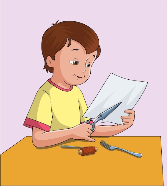 Vector vector illustration showing a boy cutting paper with scissors and fork lying on the table