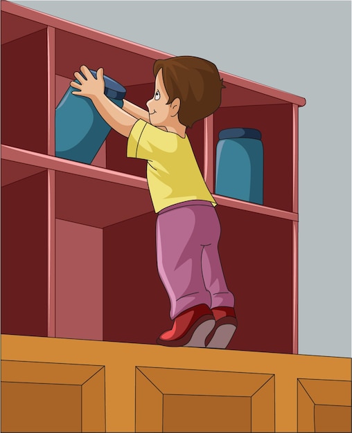 Vector illustration showing a boy standing on the shelf and picking jar