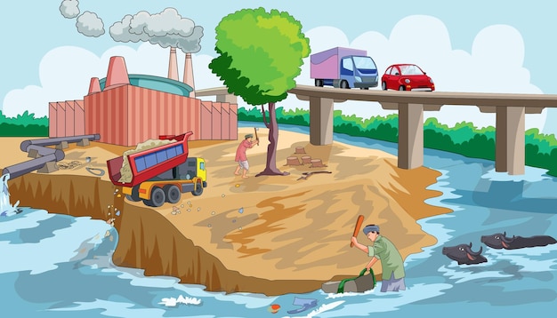 Vector vector illustration showing different types of pollution - water, air and noise